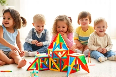 Children playing with colorful magnetic building blocks, fostering creativity.